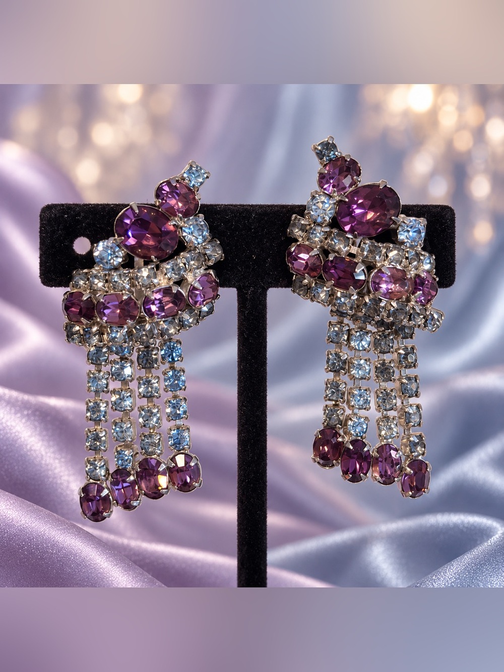 Vintage Italian Rhinestone Waterfall Chandelier Clip-On Earrings
